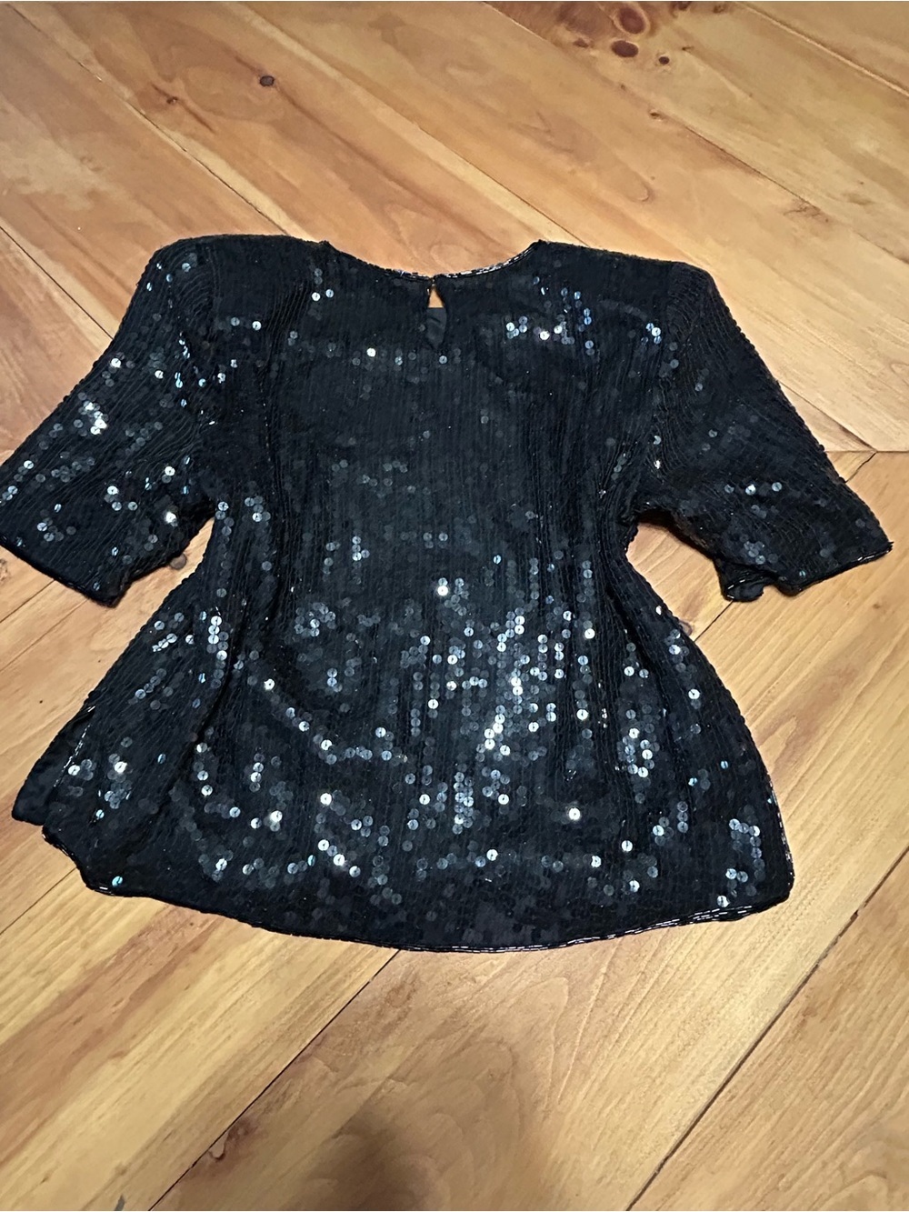 Vintage 100% Silk Black Sequin Short Sleeve Party Blouse